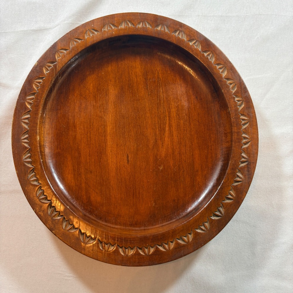 Hand Carved Wooden Charger Plate Round Brown‎ Rustic Home Decor 10.5 Inch